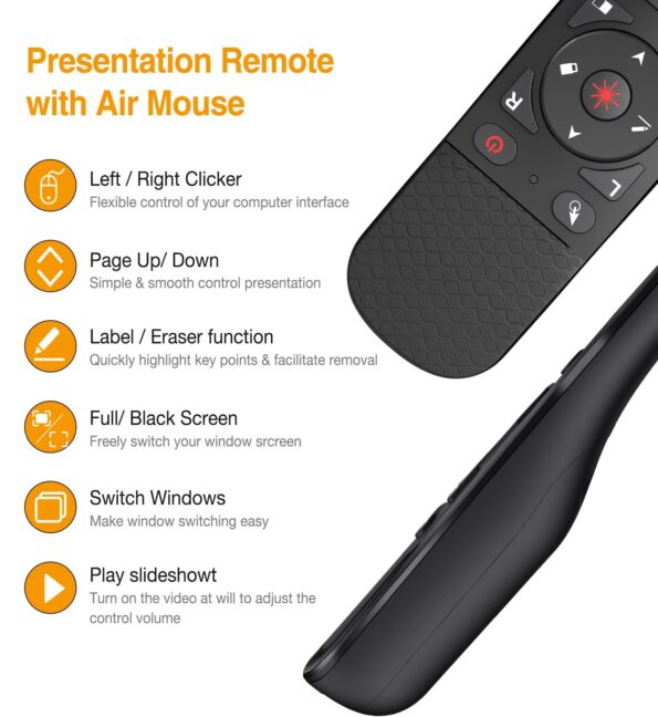 Presentation Remote with Air Mouse Function, Wireless Presenter Clicker RF 2.4GHz USB Laser Pointer Presenter Control PowerPoint Presentation Clicker for Mac, Laptop, Computer - Image 2